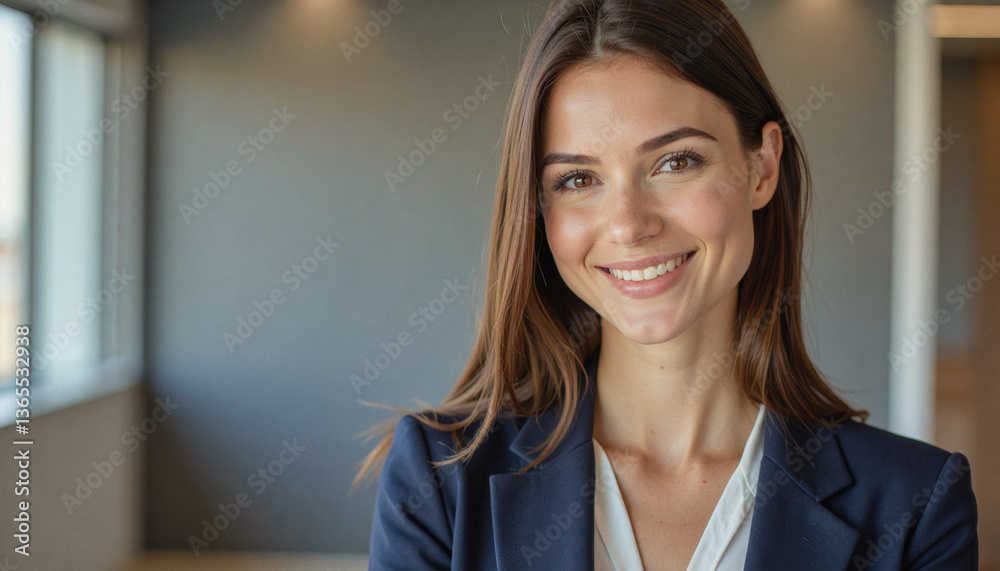 A portrait headshot photo of a friendly professional CEO executive business worker: A smiling businesswoman with long brown hair and a navy blazer confidently poses indoors near a large window. A portrait headshot photo of a friendly professional CEO executive business worker: A smiling businesswoman with long brown hair and a navy blazer confidently poses indoors near a large window.