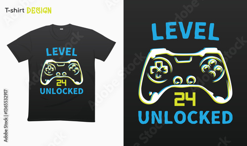 "Level 24 Unlocked" Retro vintage controller design. Funny birthday gaming style T-shirt template design. Eps 10 vector