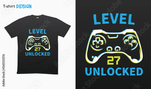 "Level 27 Unlocked" Retro vintage controller design. Funny birthday gaming style T-shirt template design. Eps 10 vector