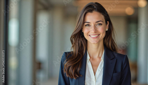 A portrait headshot photo of a friendly professional CEO executive business worker: A smiling businesswoman with long brown hair confidently poses in a navy suit and white blouse within a modern Free Download A portrait headshot photo of a friendly professional CEO executive business worker: A smiling businesswoman with long brown hair confidently poses in a navy suit and white blouse within a modern - GFXLoad