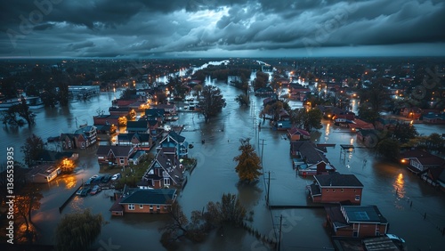 Panoramic Drone View of Flooded Suburban Neighborhood: Submerged Homes, Cars, and Floating Debris
