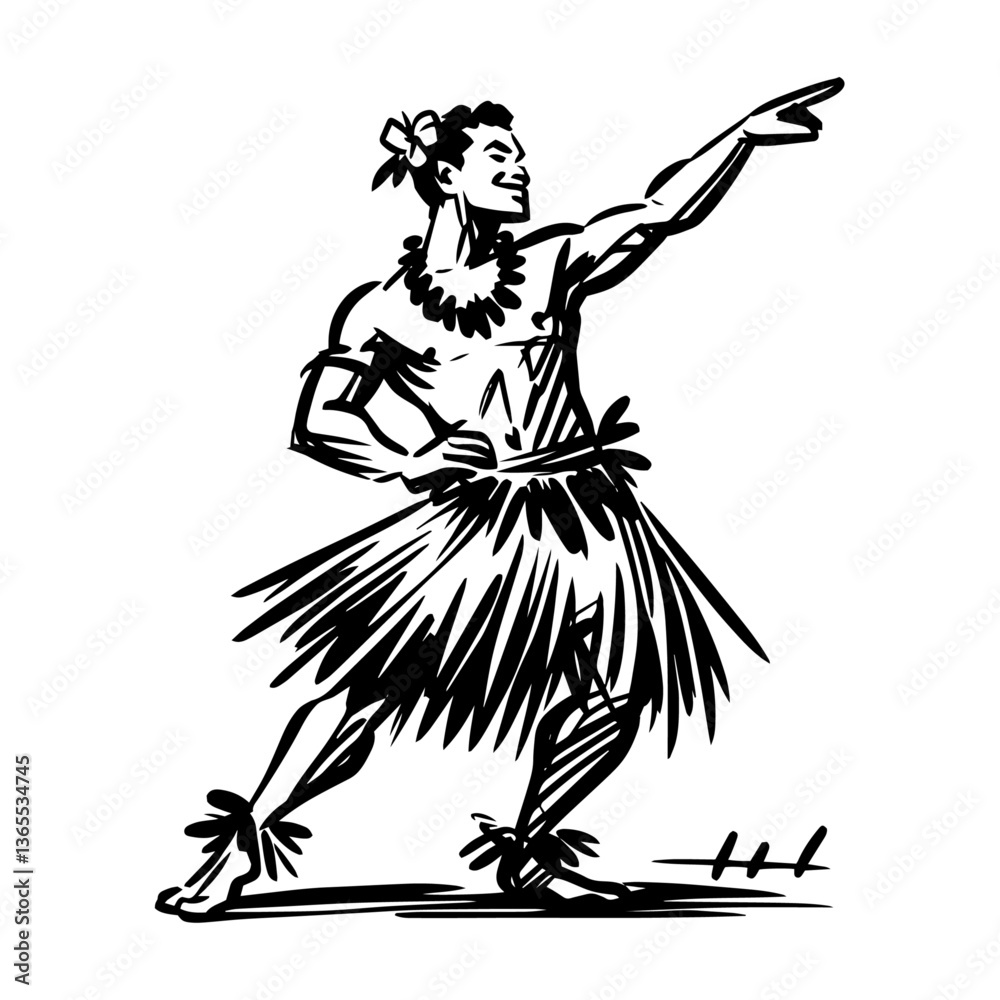 Fototapeta premium male hula dancer in traditional outfit pointing forward, expressive black and white vector for tropical or cultural themes