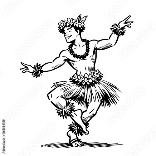 hawaiian male hula dancer in motion, wearing lei and skirt, vintage island-style black and white vector illustration