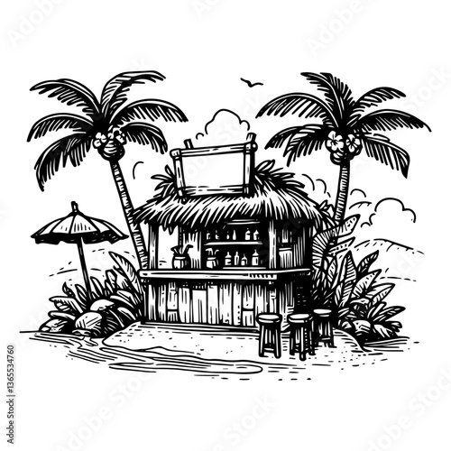 tropical beach bar with stools and palm trees, black and white hand-drawn vector for summer vacation or drink design