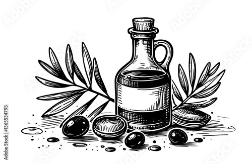 black and white vector of olive oil bottle with branches and olives in hand-drawn engraving style
