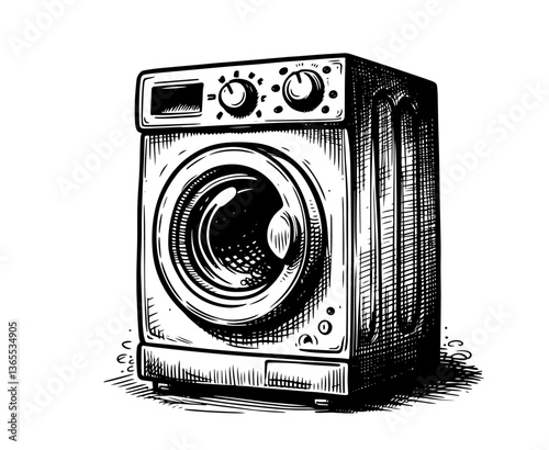 black and white vector of a washing machine in retro engraved style
