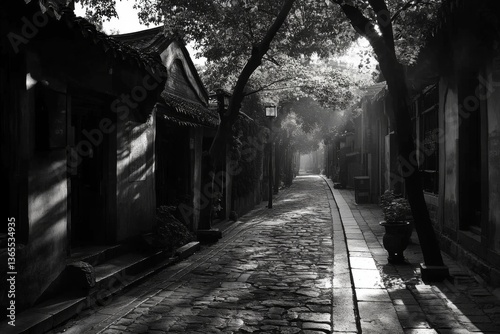 Moody black and white street view with sun rays through trees