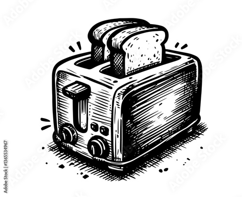black and white vector of toaster with two slices of bread in vintage engraved style