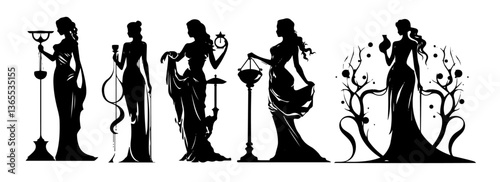 mythical female figures in silhouette, fantasy women with magical attributes, black and white vector set