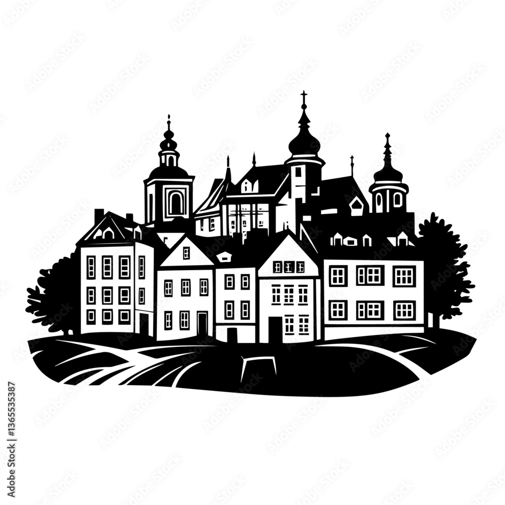 Fototapeta premium Panoramic town skyline with churches and houses – monochrome vector illustration