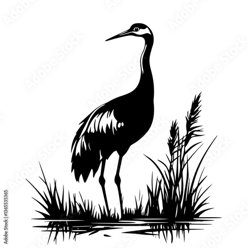 black vector of crane bird standing in wetland grass near water, elegant nature silhouette