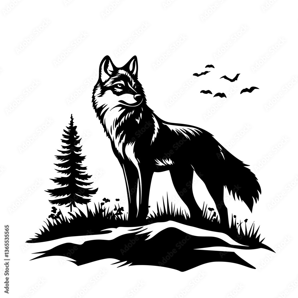 Obraz premium black and white wolf in forest landscape vector