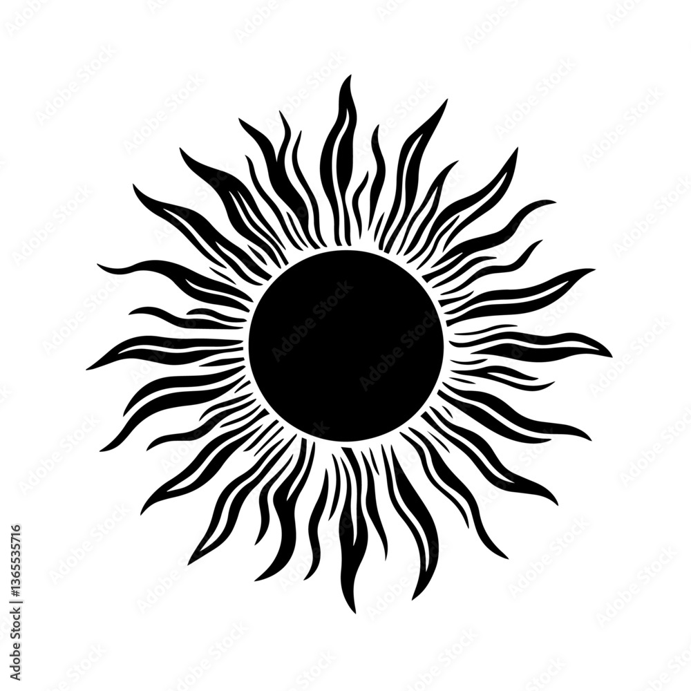 stylized black and white vector sun with flame-like rays in tribal design stylized black and white vector sun with flame-like rays in tribal design