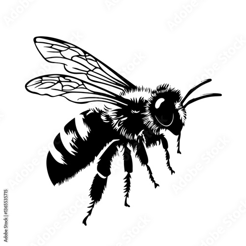 realistic black and white vector of a bee with detailed wings and body