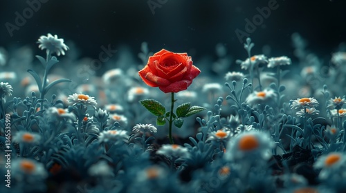 A red rose blooms among flowers in a natural field