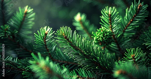 Christmas Background featuring a close-up of a beautiful green pine tree branch.