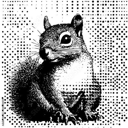 black and white halftone vector of cute squirrel, detailed retro animal illustration