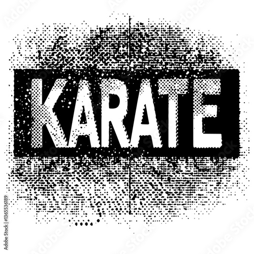 karate word in bold halftone grunge style, black and white vector illustration