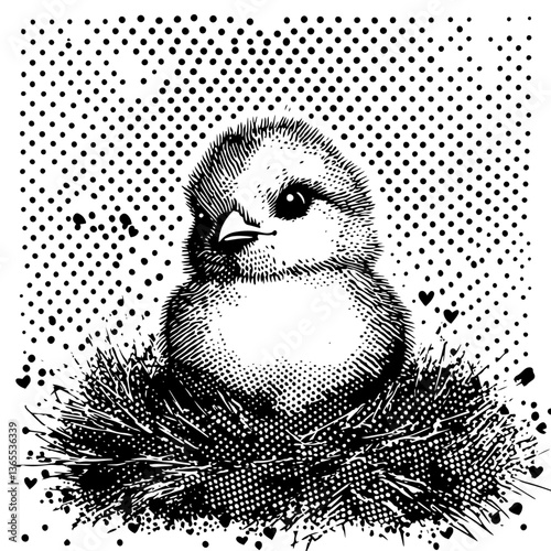 cute baby bird sitting in nest, halftone engraving style vector illustration in black and white