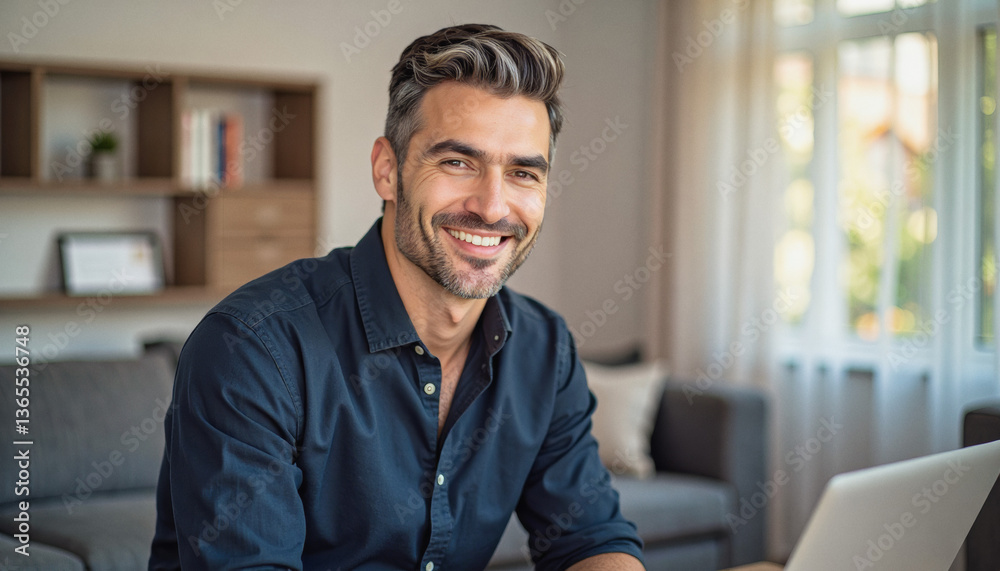 A portrait headshot photo of a friendly professional CEO executive business worker: A smiling man with graying hair sits at a table with a laptop, radiating confidence and contentment in a modern A portrait headshot photo of a friendly professional CEO executive business worker: A smiling man with graying hair sits at a table with a laptop, radiating confidence and contentment in a modern