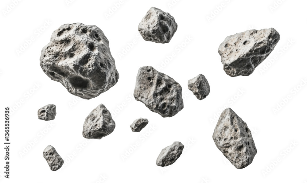 Asteroids floating in space, various sizes and textures, rocky surfaces, irregular shapes, shadows cast, isolated on white background, isolated on transparent background, png Asteroids floating in space, various sizes and textures, rocky surfaces, irregular shapes, shadows cast, isolated on white background, isolated on transparent background, png