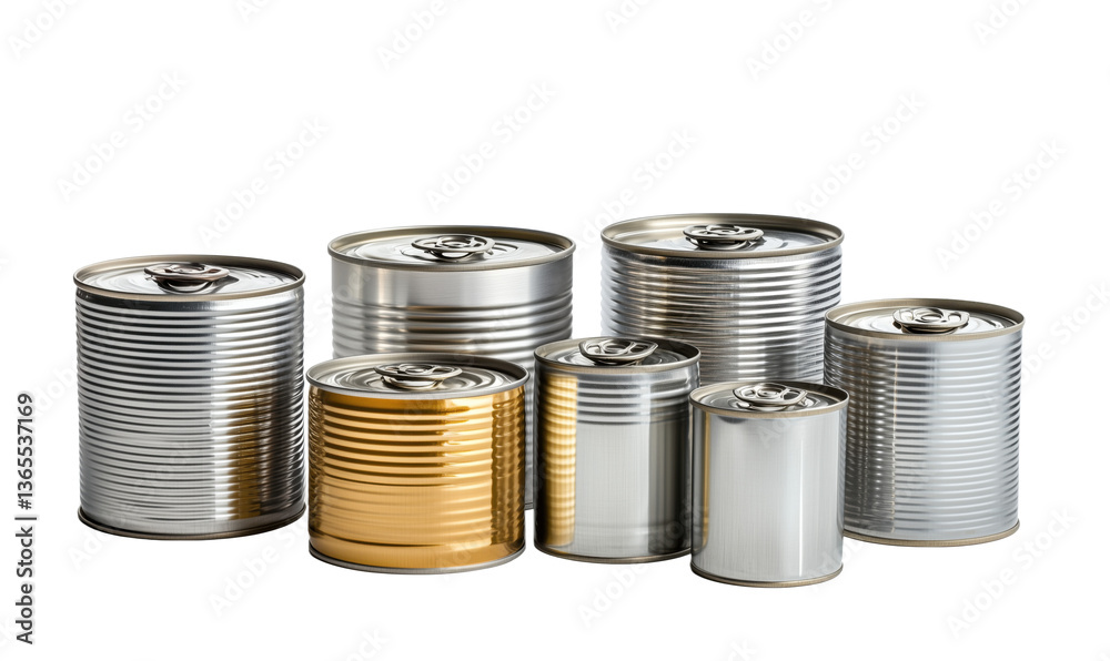 Cans assortment, various sizes and finishes, metallic, shiny, food storage, kitchen essentials, organized display, isolated on transparent background, png Cans assortment, various sizes and finishes, metallic, shiny, food storage, kitchen essentials, organized display, isolated on transparent background, png