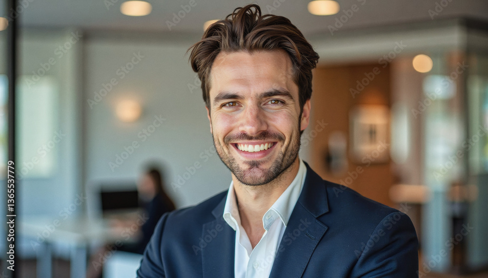 © f_bossa - A portrait headshot photo of a friendly professional CEO executive business worker: A smiling, well-dressed man with a beard confidently looks at the camera in a modern office setting.