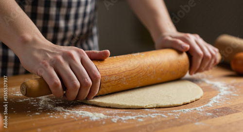 Hands rolling dough on wooden table in kitchen setting  