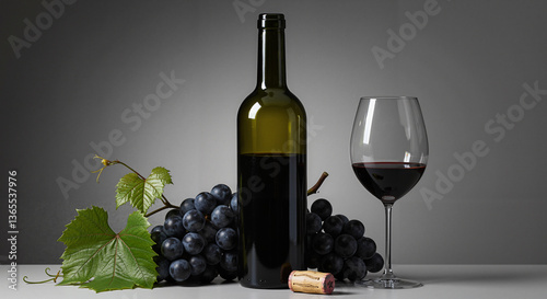 Red wine bottle with grapes and glass against gray background  