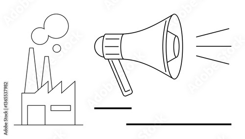 Factory with smoke stacks emitting pollution beside a loud megaphone. Ideal for activism, sustainability, environmental impact, industrial awareness, climate change, corporate responsibility