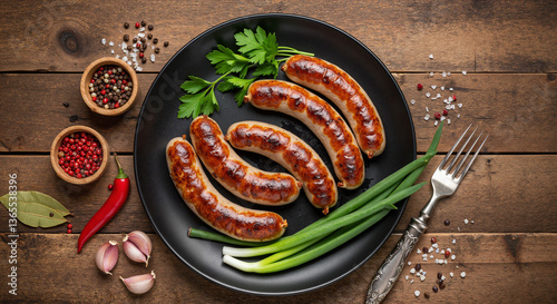 Grilled sausages garnished with green onions on a wooden table  