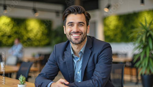 A portrait headshot photo of a friendly professional CEO executive business worker: A smiling, young man with a beard confidently poses in a modern office space with a green wall and wooden furni photo