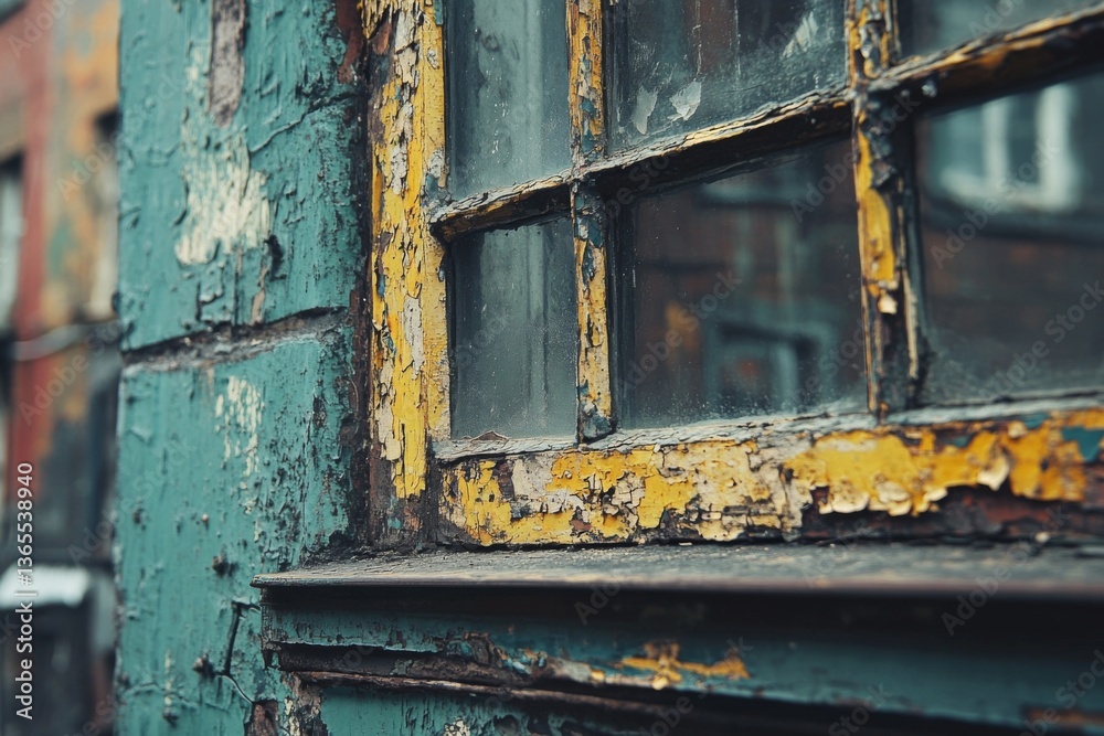 Close-up of rustic window frame with peeling paint and vintage look Close-up of rustic window frame with peeling paint and vintage look