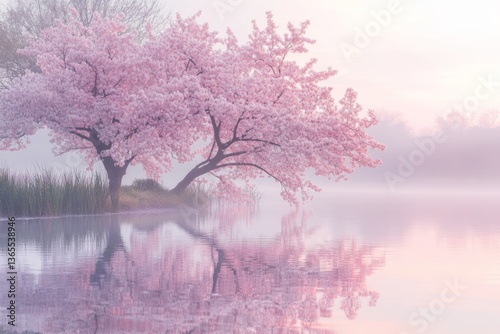 Serene pink cherry blossom trees reflected in calm water during spring