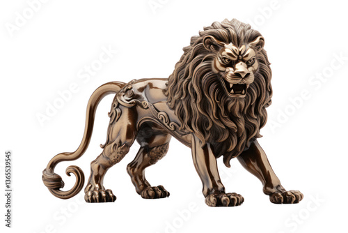 Elegant bronze lion statue with finely crafted ornamental elements and a commanding posture on white background.