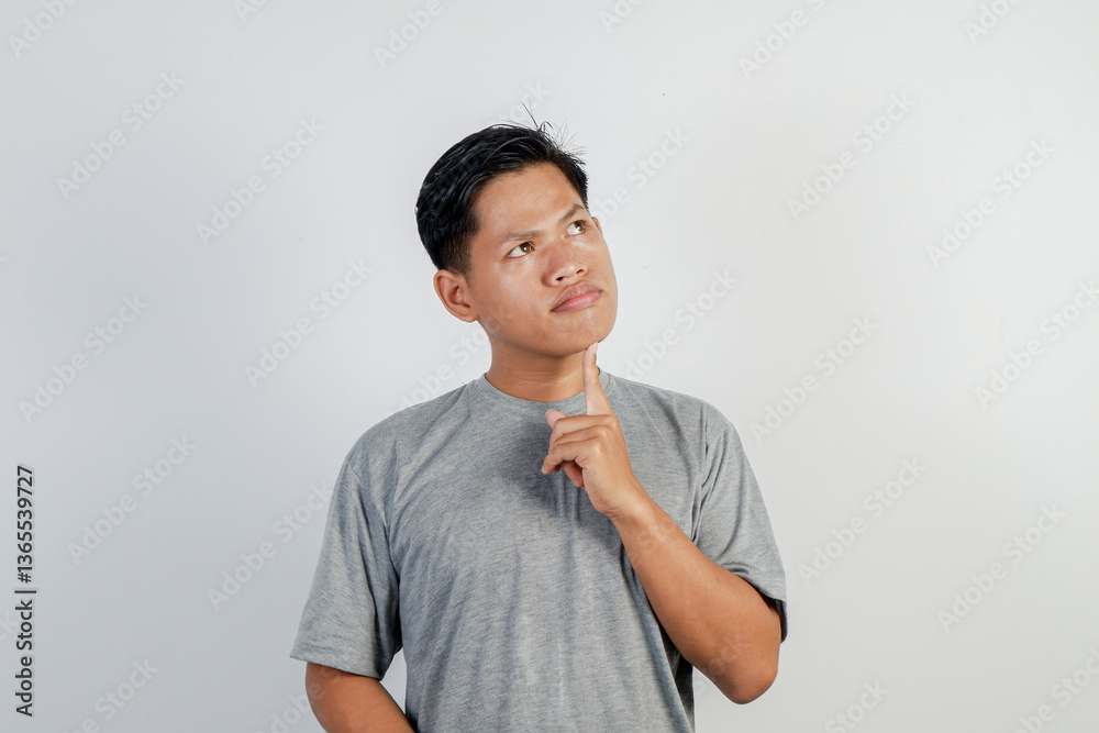 Young asian man standing with a thoughtful expression with finger pointing to the copy space area. Isolated on white background Young asian man standing with a thoughtful expression with finger pointing to the copy space area. Isolated on white background