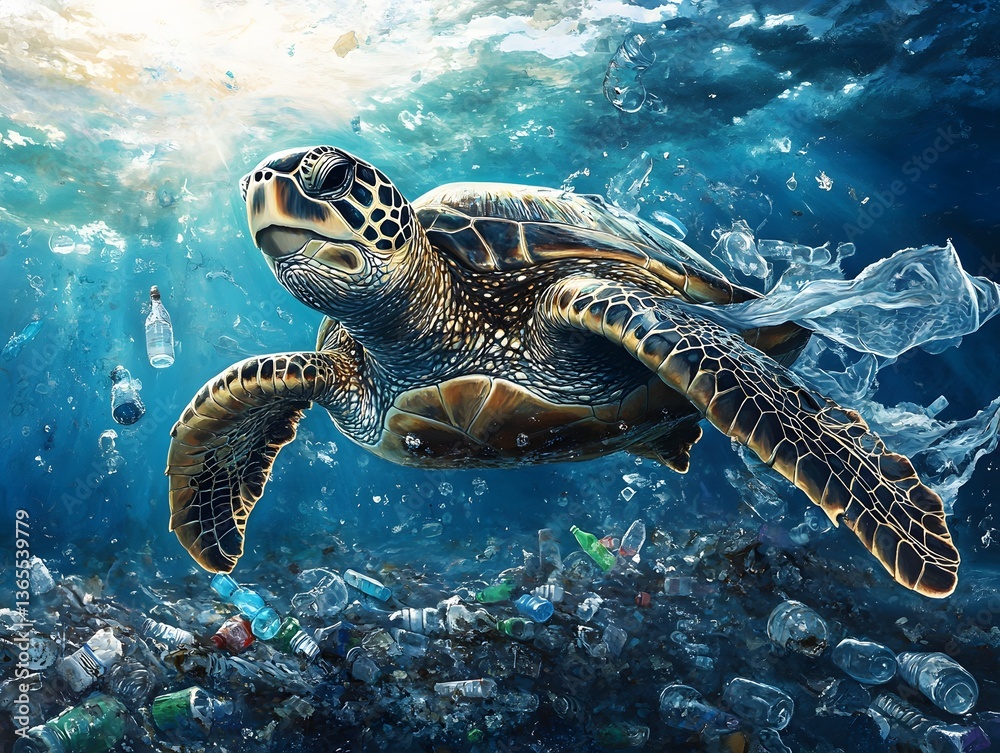 Fototapeta premium Turtle swimming through a polluted ocean filled with plastic waste and water bottles highlighting environmental catastrophes