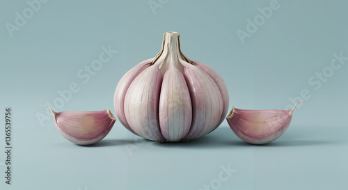 Fresh Garlic Bulb with Cloves on a Soft Color Background  