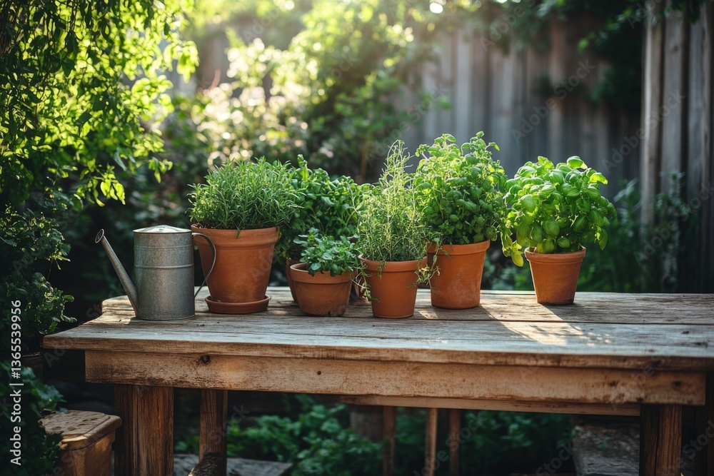 Fototapeta premium Various potted plants on wooden table in cozy garden