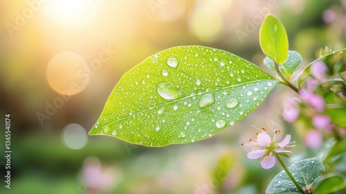 Vibrant green leaf with dewdrops amidst blooming wildflowers, symbolizing nature's resilience and beauty.
