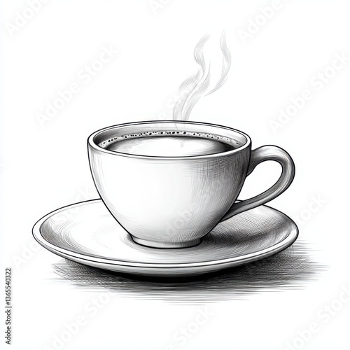 Steaming Coffee Cup in Monochrome Engraving Illustration