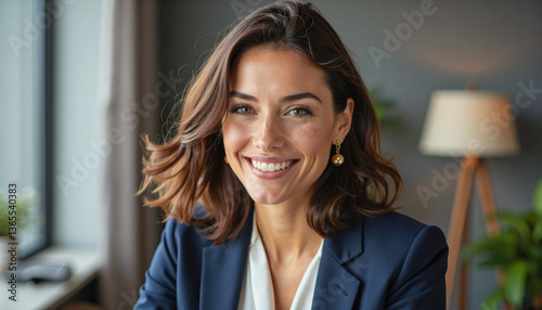 A portrait headshot photo of a friendly professional CEO executive business worker: A smiling businesswoman with medium-length brown hair confidently looks at the camera while wearing a navy blue