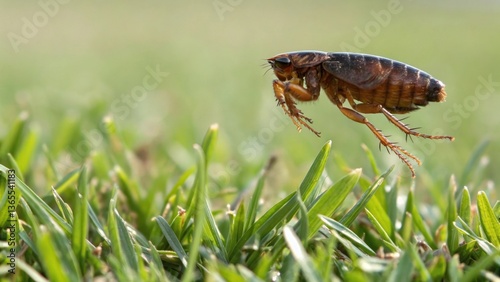 A jumping flea in the grass, insect with long legs close-up