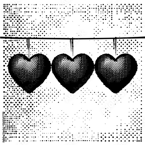 three hearts hanging on string, halftone blackandwhite romantic vector, vintage love decor