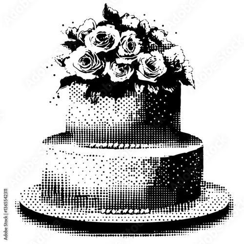 two-tier wedding cake with rose decoration in halftone vector style