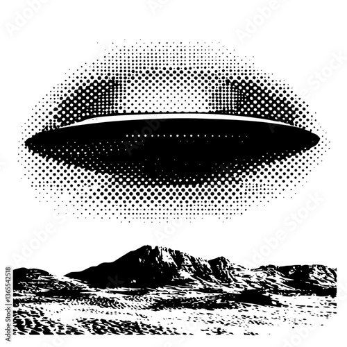 flying ufo over desert landscape in halftone engraving style, black and white sci-fi vector