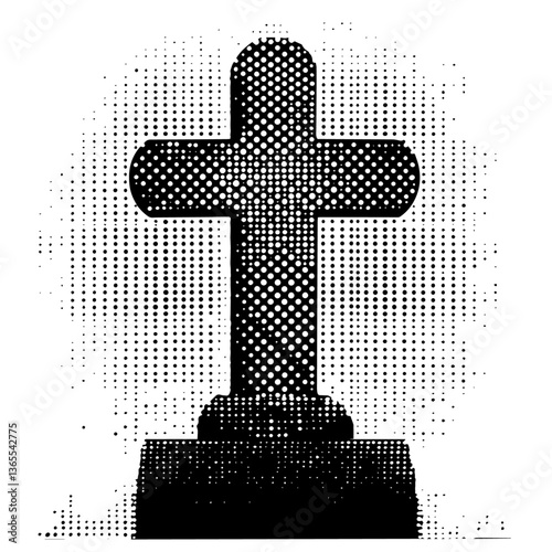 gravestone cross drawn in halftone engraving style, black and white symbolic vector illustration