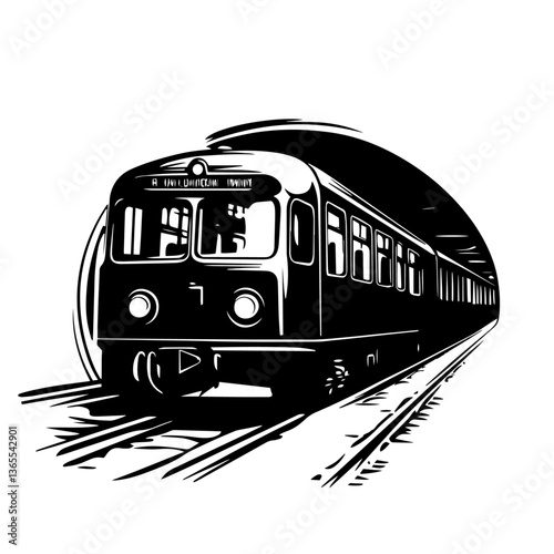black and white vector of a subway train in motion, vintage urban transport illustration