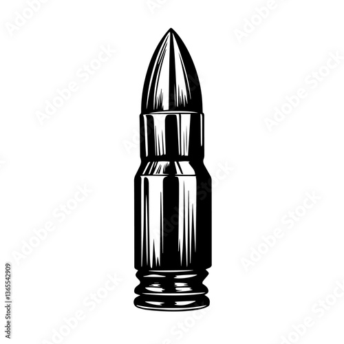 black and white vector of a single bullet cartridge, vintage style ammunition illustration