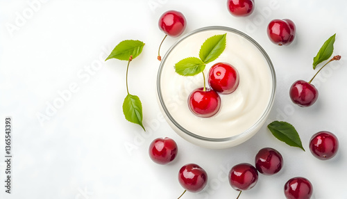 Creamy yogurt with fresh cherries and leaves in a glass bowl